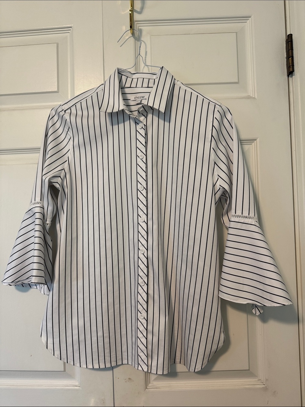 Chico's White and Black Vertical Stripe Button-Front Bell Sleeve Shirt S